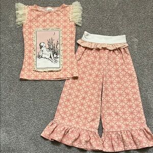 Persnickety Peach and Cream Set with Lace Trim Top + Big Ruffle Pants Size 4/5